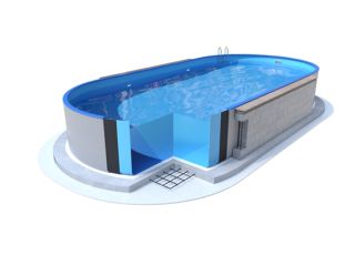 Ibiza oval - 3.20 x 6.00 x 1.20 m - wall thickness 0.6mm, top combi blue rails, bottom rails P1/P3, with holes for skimmer and backjet